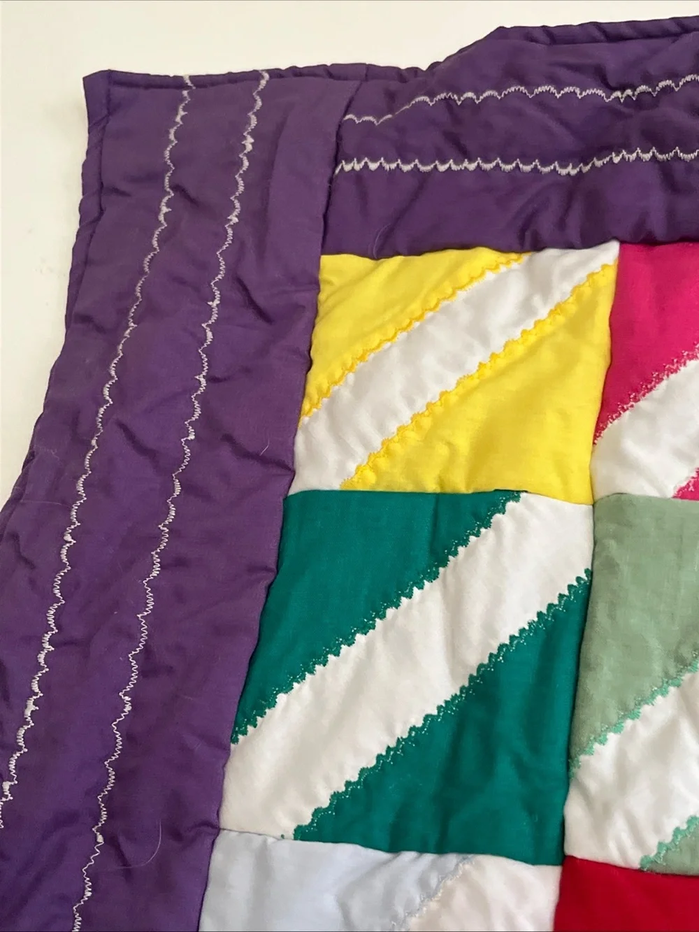 Vintage Schoolhouse Handmade Patchwork Quilt Purple Pastel Colorful 52”x41”